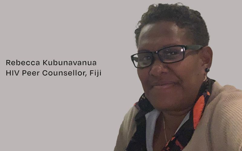 A woman wearing glasses smiling, with text saying Rebecca Kubunavanua, HIV Peer Counsellor, Fiji