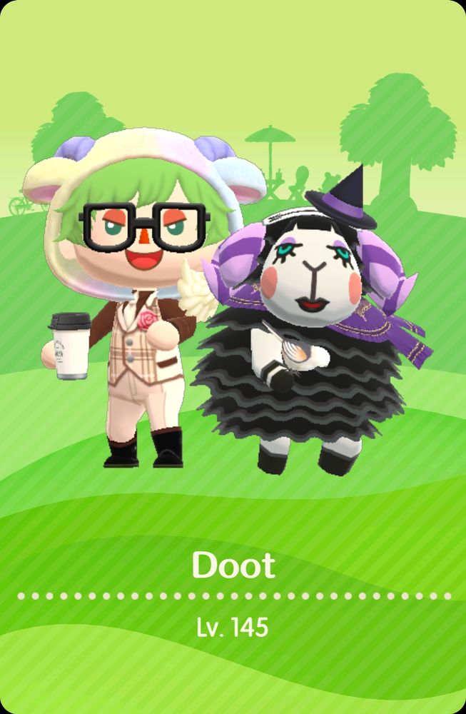 A green card with two animated characters from animal crossing. One is the player character called "Doot" wearing glasses, a white animal hood with purple goat horns, a brown and tan vest/suit set and holding a coffee. The other figure is the goth sheep Muffy, who has black wool, a purple scarf, purple horns and a little witch hat