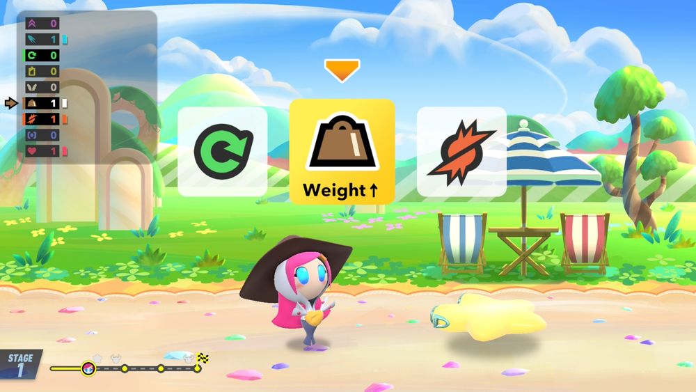 A screenshot of Kirby Air Riders depicting Susie pondering if she should take the "Weight Up" upgrade. 