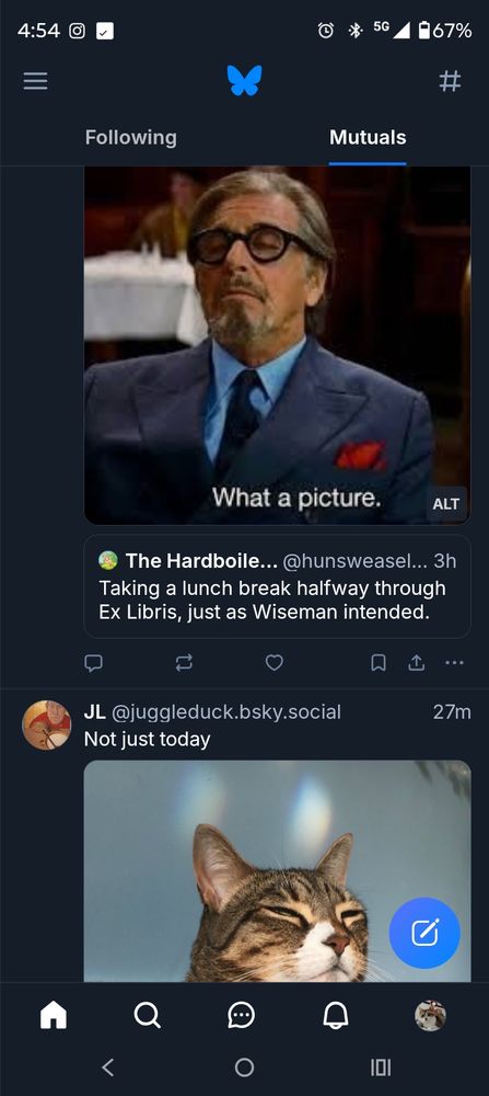 screenshot showing posts one after the other. one is a cat and the other is al pacino (don't ask me which idk) and they have similar untouchable nose in the air expressions. 