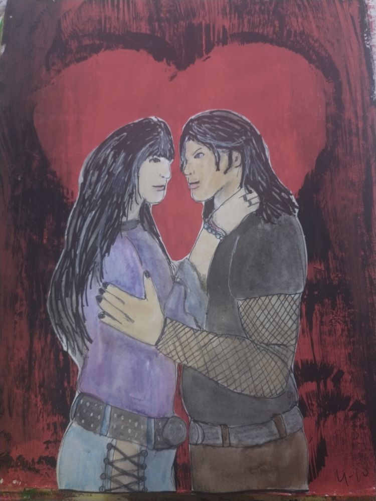 Painting I did of me and my partner Angel. He's on the left in purple, I'm on the right. I painted the background red and put a heart stencil down on top, and painted black messily over the top, which left the bright red heart behind us in the background.