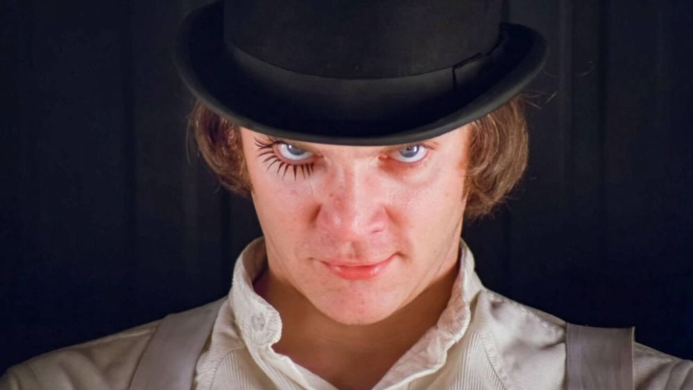 Malcolm McDowell stares at the camera in the film a Clockwork Orange. 