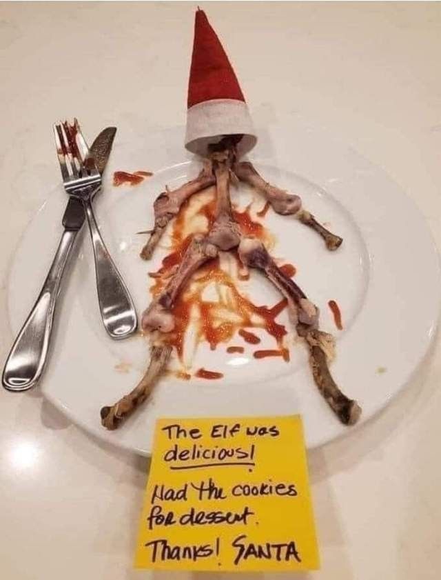 Elf bones on a plate next to a note saying "the elf was delicious, had the cookies for dessert. Thanks, Santa "