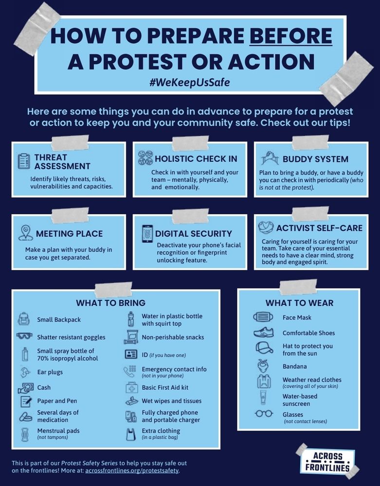 Info graphic on protest safety for more information go to this address 
https://acrossfrontlines.org/protestsafety