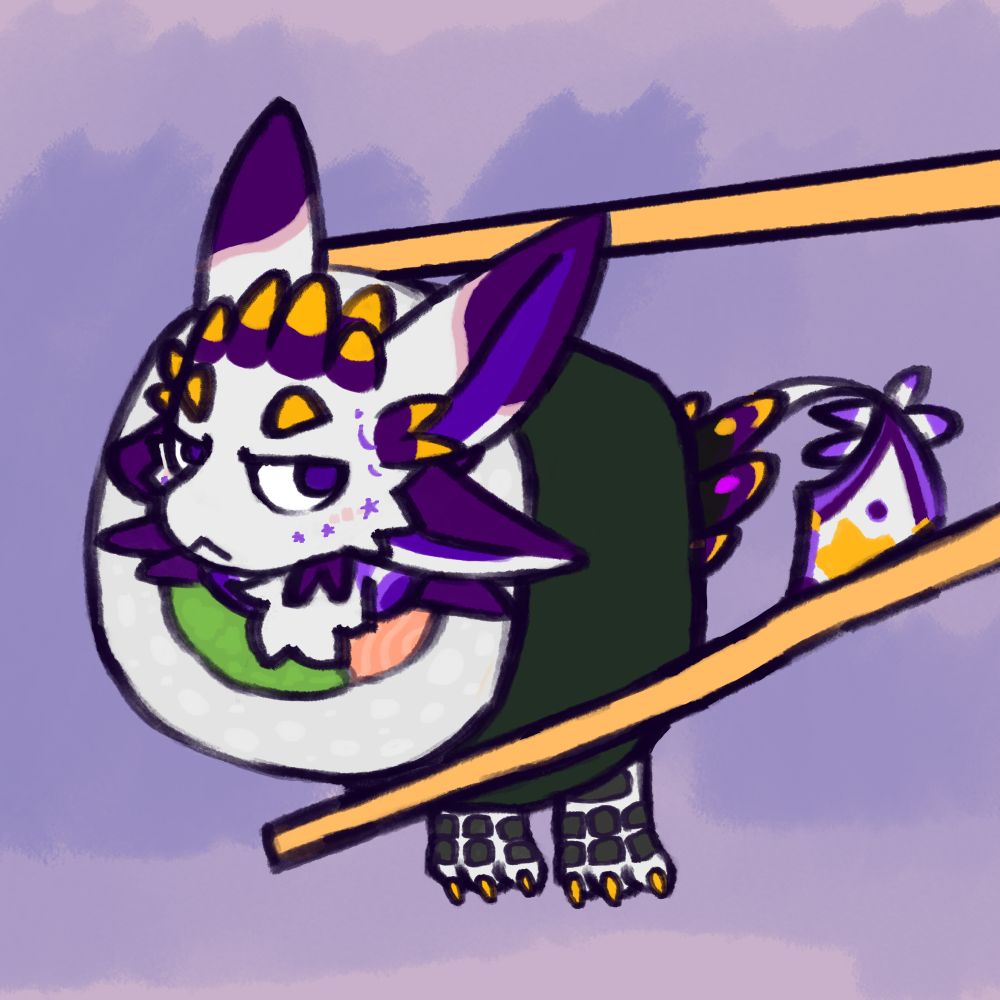 The character, Zoobenoo, who is an Avali, has been rolled up into a piece of sushi and is dangling by two chopsticks. He is unamused >:|