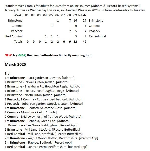 A screenshot showing how many butterflies of each species have been reported each week in 2025 so far. This week there have been 16 Brimstones, 6 Commas, 7 Peacocks and 8 Red Admirals. Also shown is a list of all today's sightings.