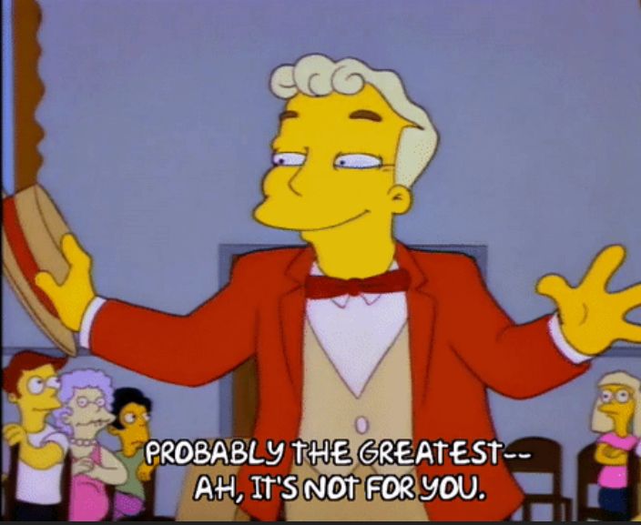 Screengrab of Lyle Lanley from Marge v. The Monorail episode of the Simpsons doing jazz hands as he swindles