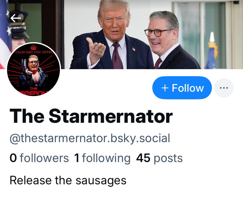 Screenshot of a bio. No followers, no posts yet many racist replies. The Starmernator @ thestarmernator.bsky.social