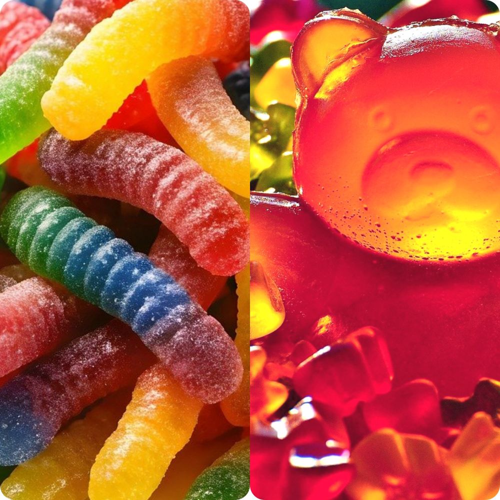 2 photos showing sour gummy worms and gummy bears.