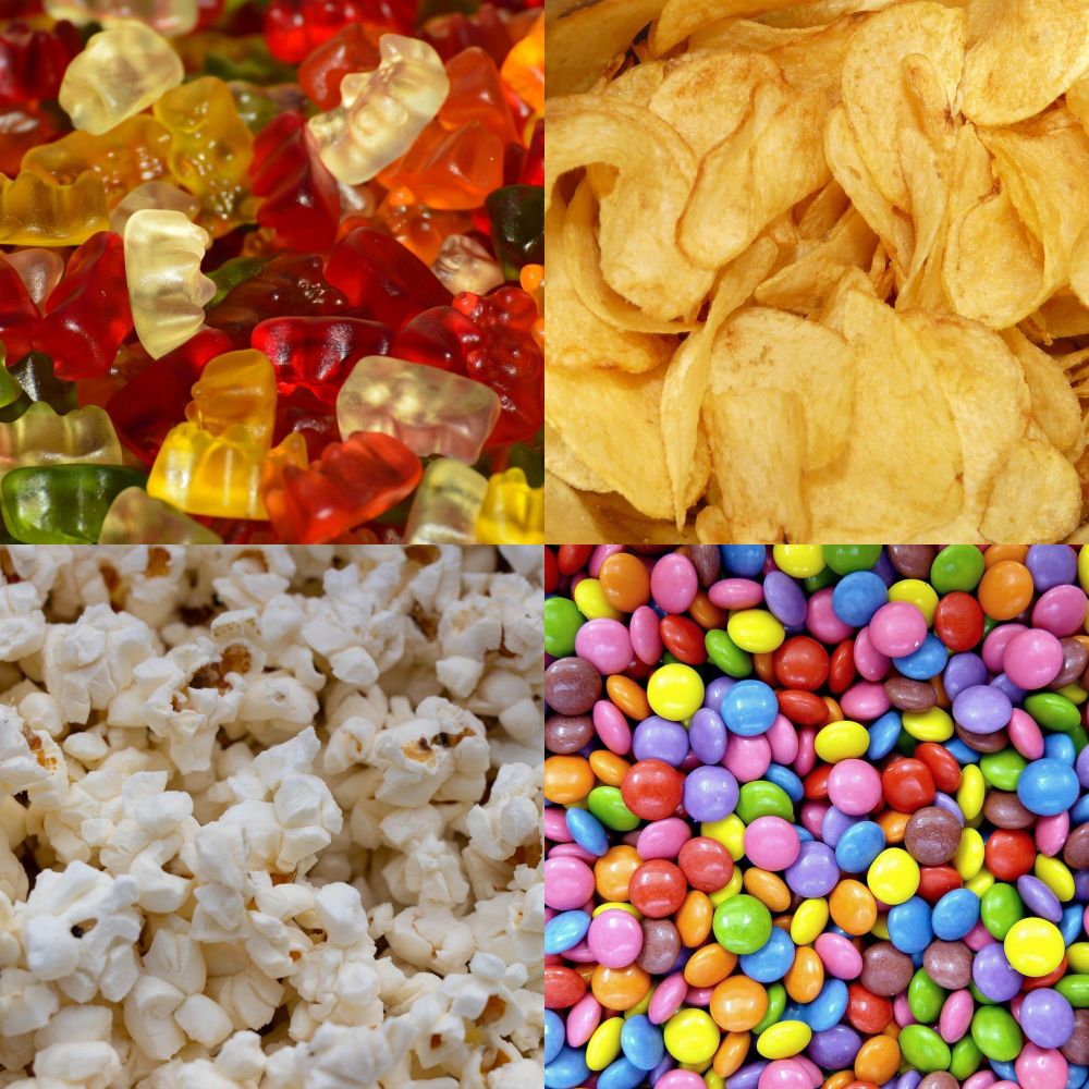 Junk food pictures. Gummy bears. Chips. Popcorn. M&ms or smarties
