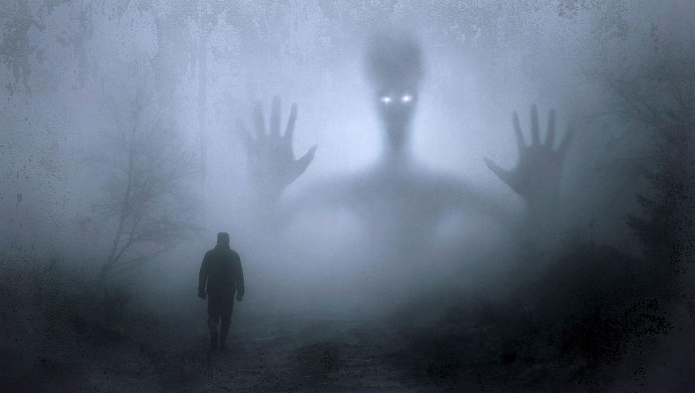 Picture shows a large being thats human like in the fog with a small human approaching. 

Source:
Fantasy Spirit Nightmare - Free photo on Pixabay https://share.google/xkgsa7qgDZ41Tl0qt