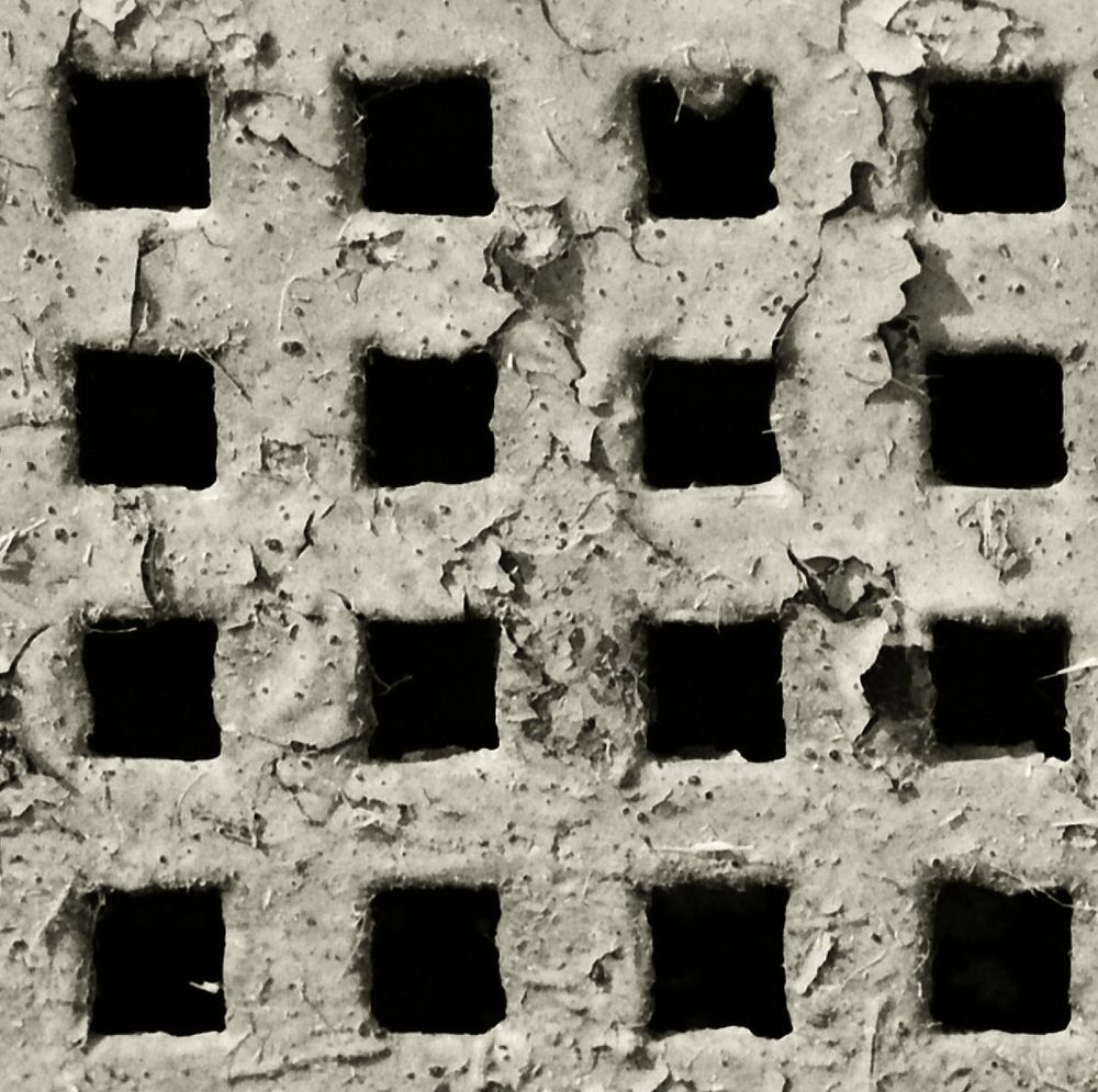 Iron grate with flaking paint, cast in a pattern of perpendicular stripes.