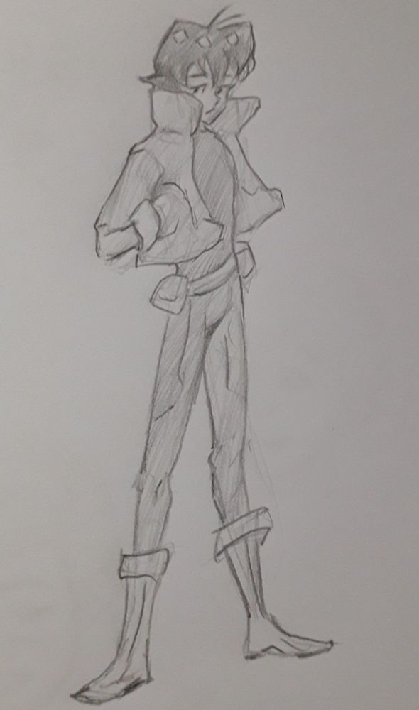 Desenho a lápis do personagem Keith usando suas roupas típicas do desenho animado, jaqueta estilo top, camisa, calça legging, cinto com bolsos e botas cano alto 