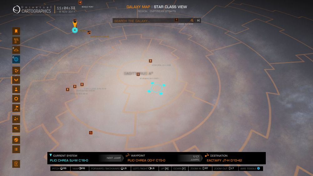 The galactic map in Elite Dangerous, showing my current position. I’m on the far side of the galaxy, a long way from home.