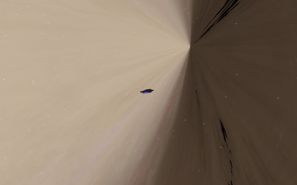 A screenshot from the game Elite Dangerous. My ship, a Krait Phantom, is in the far distance. Space is twisted, bent, distorted by a nearby black hole.