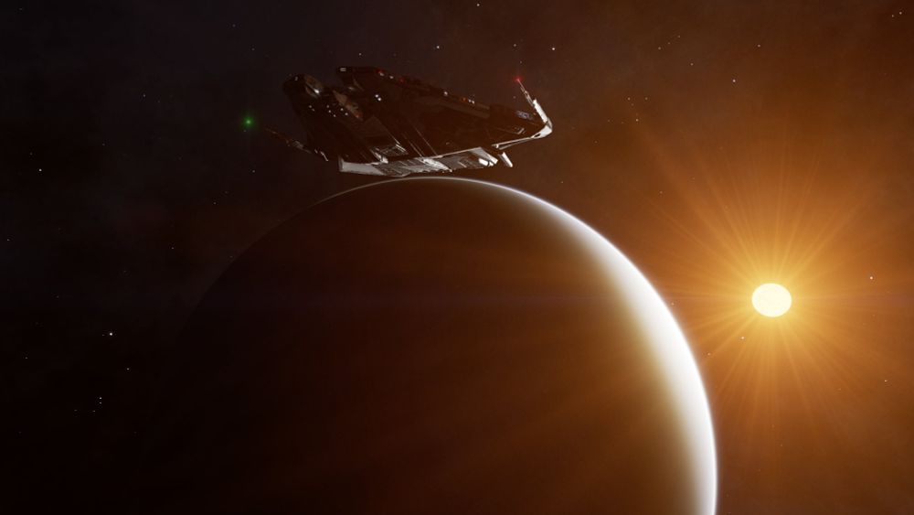 My Krait Phantom starship in the game Elite Dangerous, in space above a backlit gas giant.