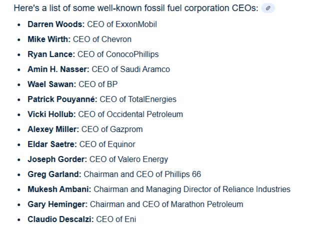 Eine Liste mit Namen der bekanntesten CEOs fossilkapitalistischer global player, den wahren Klimakriminellen & Ökoterroristen