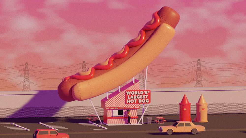 Still from Boys Go to Jupiter (USA, 2024). A low-poly 3D scene with a giant hot dog statue, labelled "WORLD'S LARGEST HOT DOG" with an asterisk next to the word "WORLD".