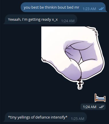 Harassing your bf into bed over telegram in style.
A giant hand sticker dangles a tiny victim over a bed emoji.