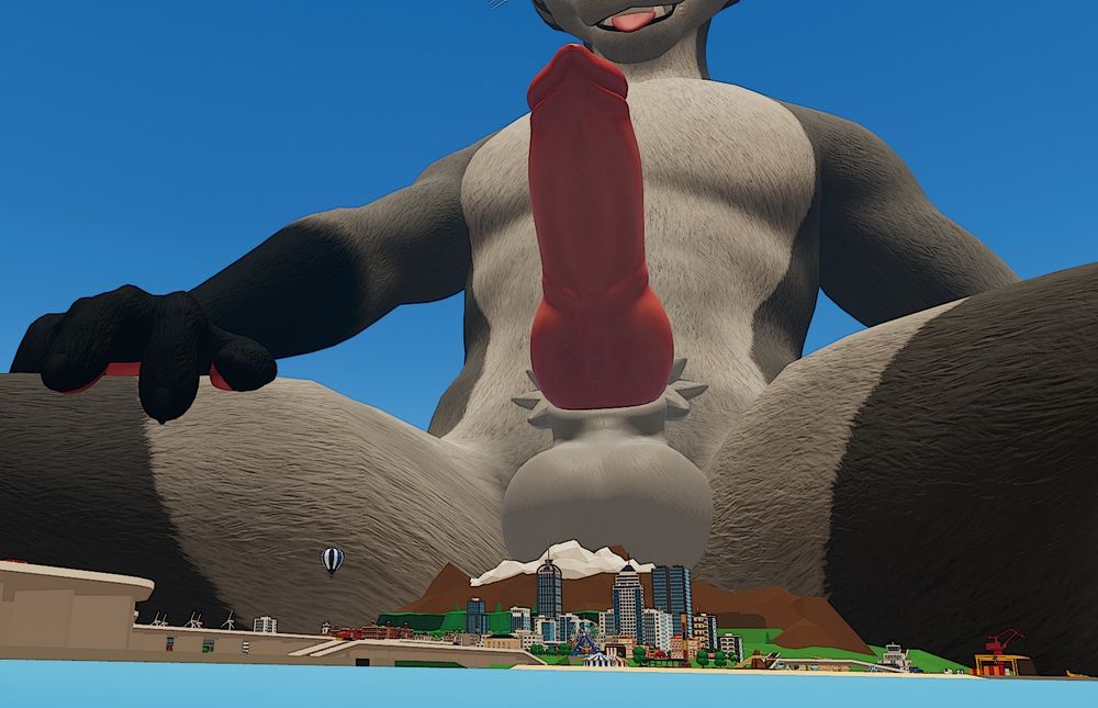 An anthro gray fox that has grown to mega macro proportions looms large over a city and it's accompanying mountain range. While wearing a playful and mischievous grin he contemplates his new horizons.
