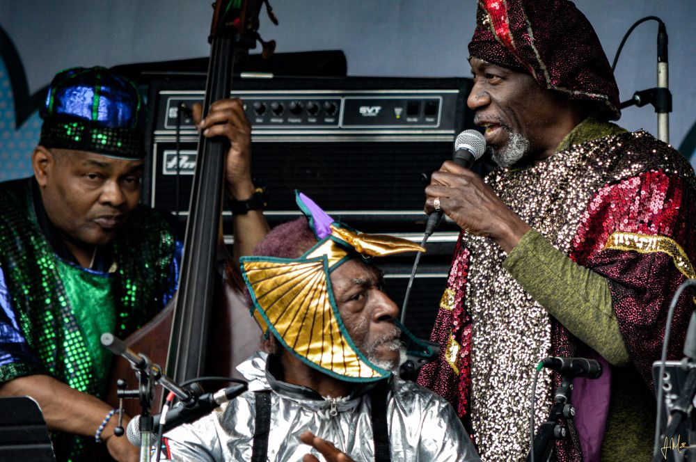Tyler Mitchell, Knoel Scott, and Michael Ray performing with the Sun Ra Arkestra at Music on the Mountain music festival on Okemo Mountain in Ludlow, VT on 5/17/2025