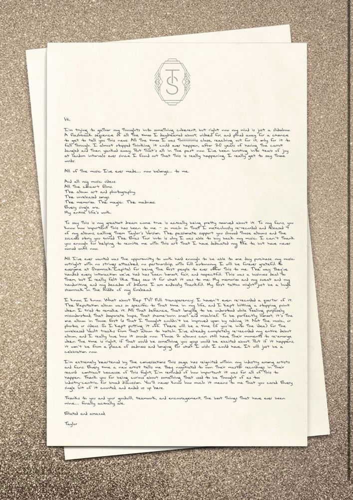 Letter on Taylor’s website. 