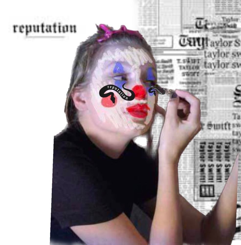 Taylor Swift applying clown makeup in front of the Reputation album cover. 