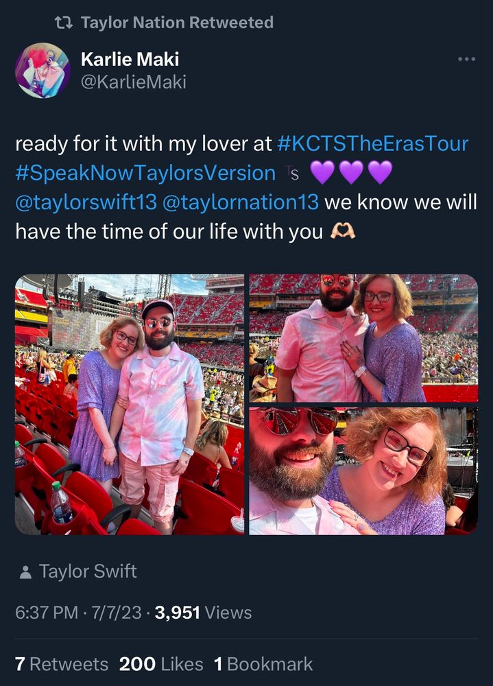 A screenshot of Taylor Nation reposting my tweet about being at KC N1 with my wonderful husband. 💜