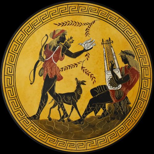 Ceramic plate depicting Artemis, standing and holding a bow in Her right hand, while cradling what appears to be a dove in Her left. The plate also depicts Apollon, seated on a tree stump and playing His lyre.