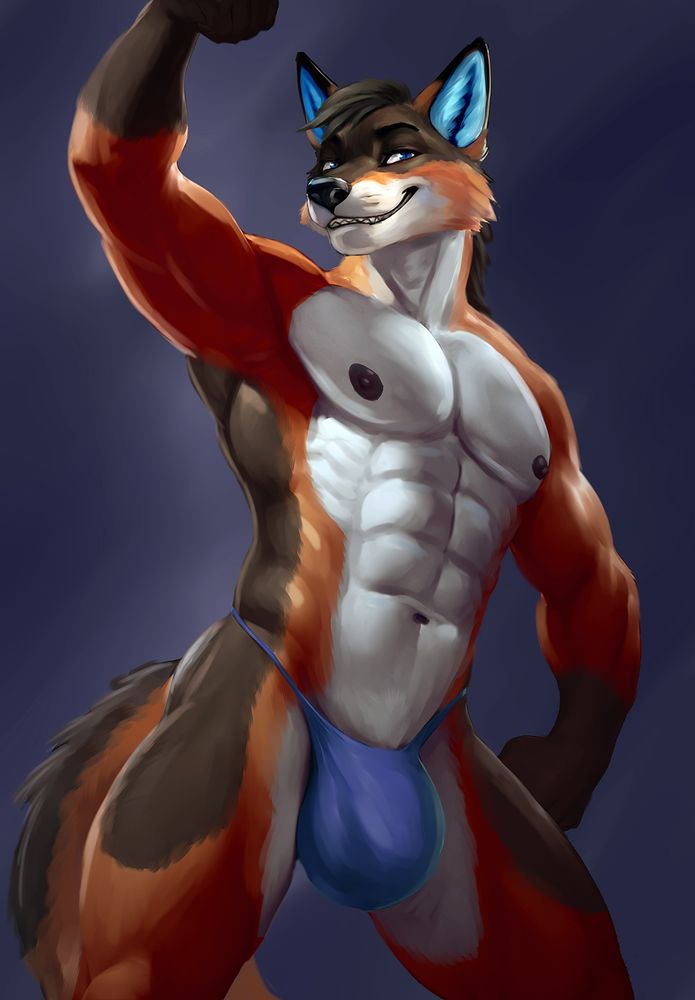 Liko Shepwolfox flexing his muscles in a manly pose, an artwork by Bleakcat