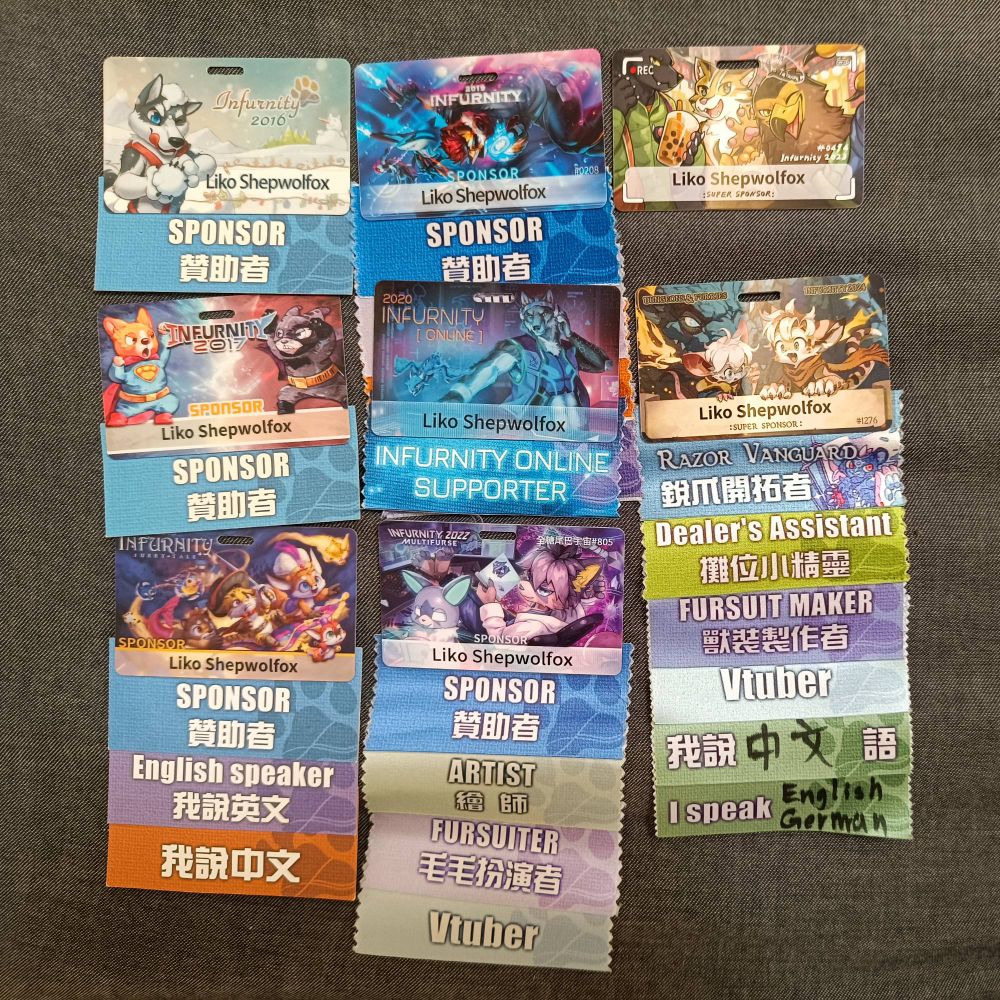 Liko's Infurnity convention badges from 2016 to 2024