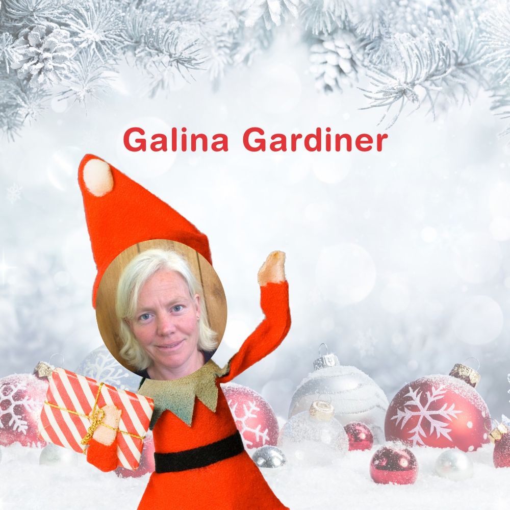Montage of trustee Galina as a festive elf with a striped red and white gift in hand on a festive snow background of baubles and spruce.