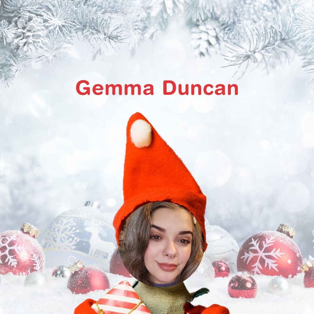 Montage of trustee Gemma as a festive elf with a striped red and white gift in hand on a festive snow background of baubles and spruce.