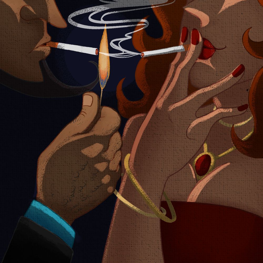 close up portrait of Jigen and Fujiko, top half of their faces obscured, only their their noses and lips are visble. they share a light for their cigarette from a lighten match, held up by Jigen.