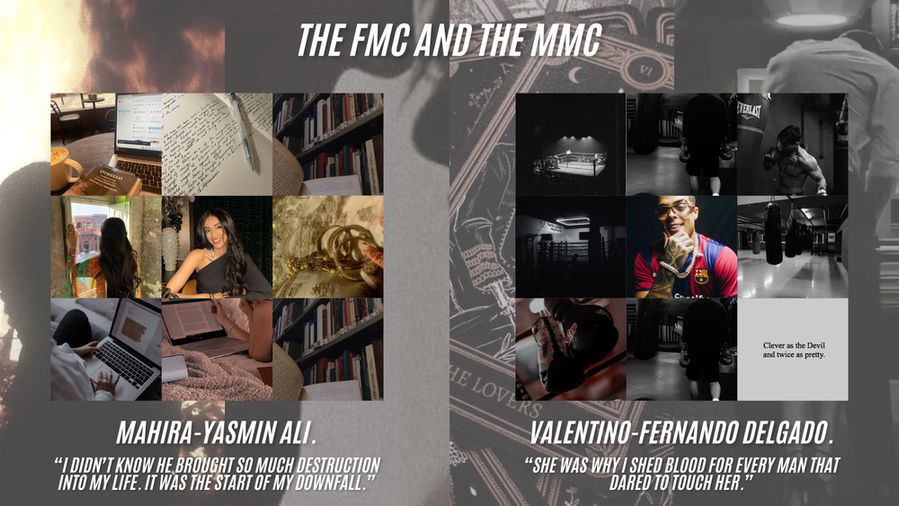 - the fmc is bangladeshi, the mmc is puerto rican! 
- the fmc is writing/bookish content creator + freelance editor, the mmc is a dj and illegal underground boxer!