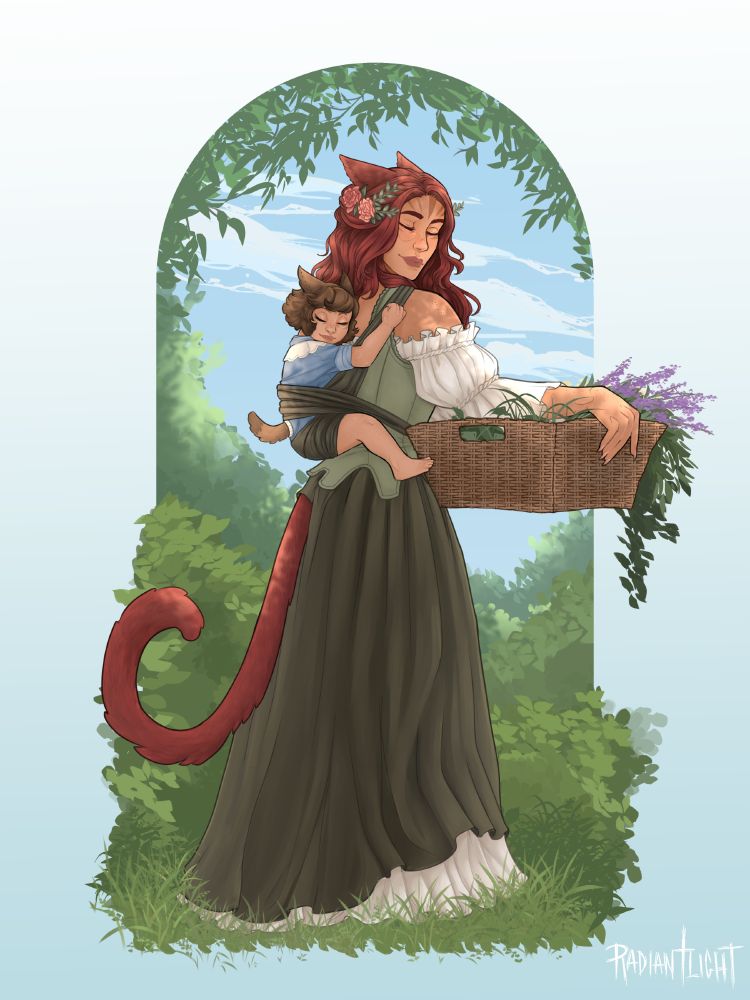 A portrait of Renata and her daughter, Xel'ia, the future warrior of light. Xel'ia sleeps against her mother's back in a sling, while Renata has a basket on her hip overflowing with herbs and flowers. The foliage behind them is verdant and lush, curling around the archway-shaped background, framing a pale blue, cloud-strewn sky. Leaves and grass spill out from the bottom of the frame.