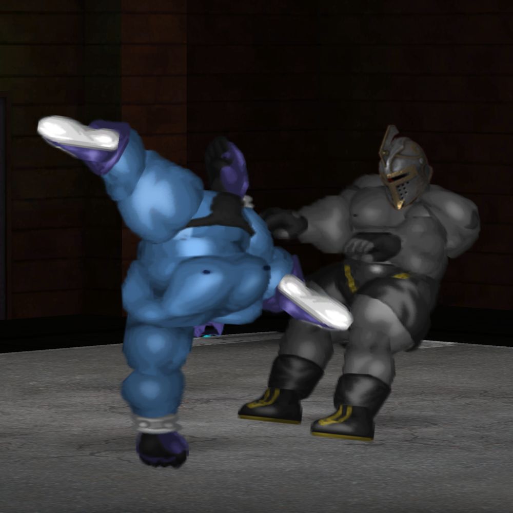 Physis kicking a grey muscular knight while performing the handstand.