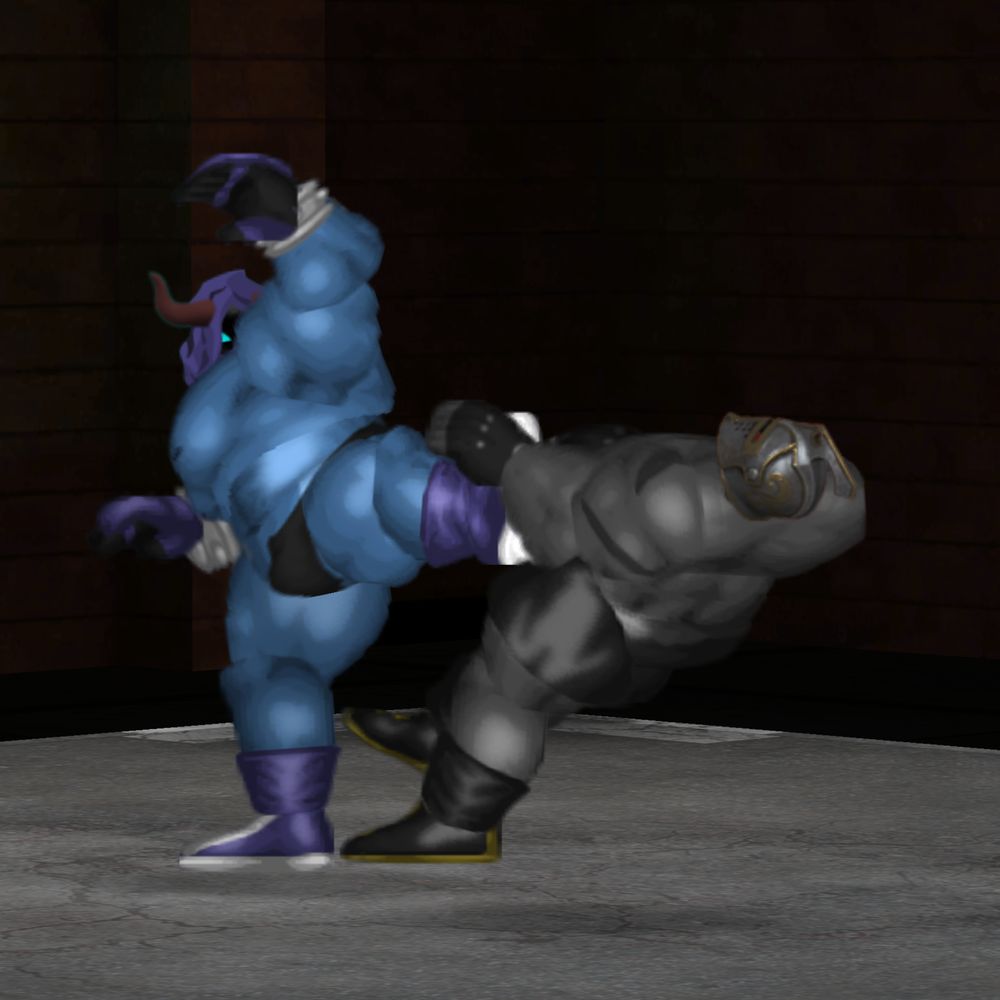 Physis kicking a grey muscular knight.