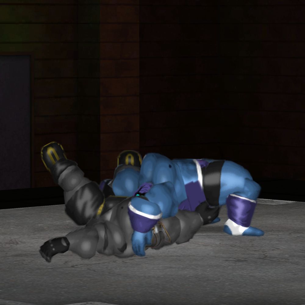 Physis suplexing a grey muscular knight.