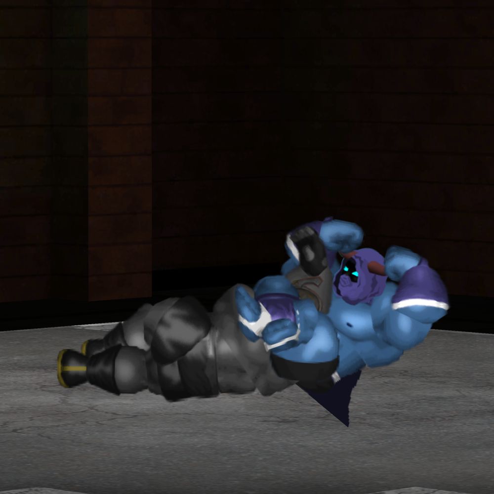 Physis choking a grey muscular knight with his legs while flexing.