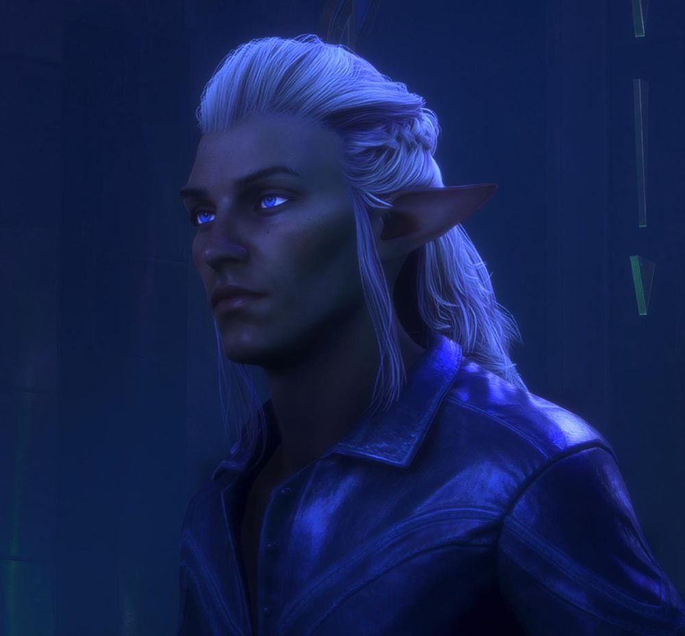 Screenshot of Eren's Rook from Veilguard.
Dark complexion, blue eyes and long white hair.