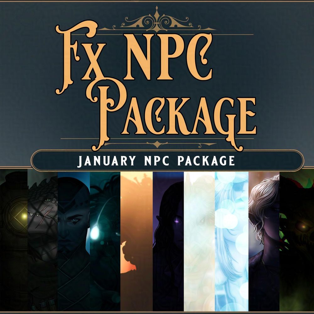 Preview of the "FX" TTRPG / D&D character portrait art package, with 10 different characters. Each preview shows different atmospheric edits: some characters are hidden in shadow, others surrounded by bright lights, while others are engulfed by magical auras or ghastly spells.
