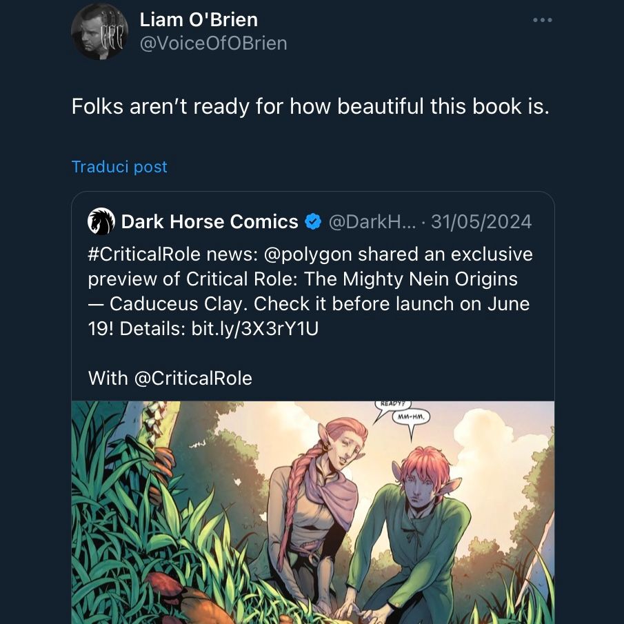 Screenshot of a tweet by Liam O'Brien reposting the Caduceus comic, saying: "Folks aren't ready for how beautiful this book is".