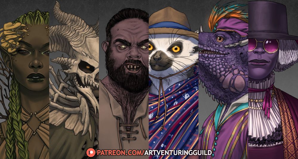 Previews of 6 different fantasy character portraits. They're all very colourful and diverse: from a dryad to an eclectic drow.