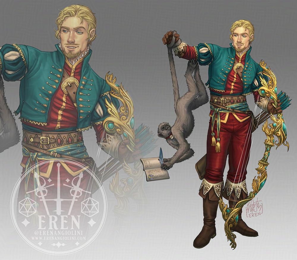 Re-design of Taryon from Critical Role's Vox Machina campaign, as a Ranger. He's wearing elegant, but fairly practical clothing, but he wields and excessively decorated, gem-encrusted golden bow. And a monkey version of Doty is hanging from one of his arms, apparently writing in a diary with a quill.