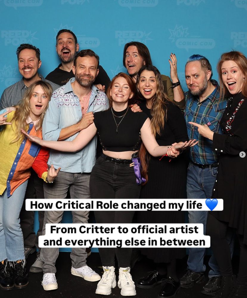 Photo of Eren with the Critical Role cast with the text:
"How Critical Role changed my life. From Critter to official artist, and everything in between".