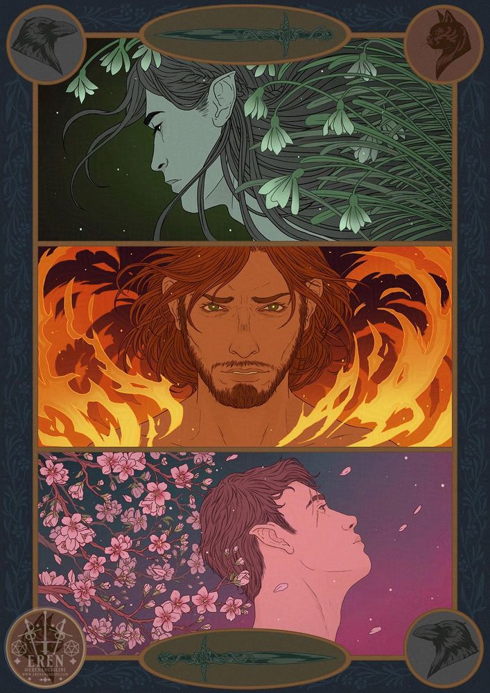 Critical Role fanart. Illustration in flat colours, reminiscent of old book covers. The piece is horizontally split in 3 sections: the top one shows a profile of Vaxildan, surrounded by snowdrop flowers, in tones of dark greys and greens. The second shows Caleb Widowgast’s face, staring at the viewer, surrounded by flames, in tones of dark reds and oranges. The last one is a profile of Orym of the Air Ashari, looking in the opposite direction to Vax, surrounded by cherry blossoms, in tones of dark teals and pinks.
Around the drawings is a dark blue frame with plant motifs, and small emblems of a cat, a crow and a sword with plants growing on it.