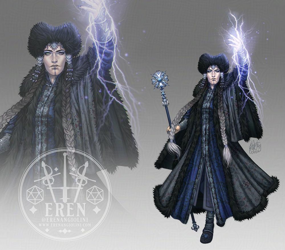 Redesign of Yasha from Critical Role's the Mighty Nein, as a Sorcerer.
She's standing with one arm raised, summoning a lightning charge, while holding a sceptre in the other hand. The sceptre has the symbol of the Storm Lord at its top. Yasha is wearing a black fur hat, and her long hair is tied in two braids that reach past her waist. She wears long, layered robes trimmed with fur, made of fabrics with floral and geometric patterns. She wears elaborate head jewellery on her forehead and on the sides of her face.