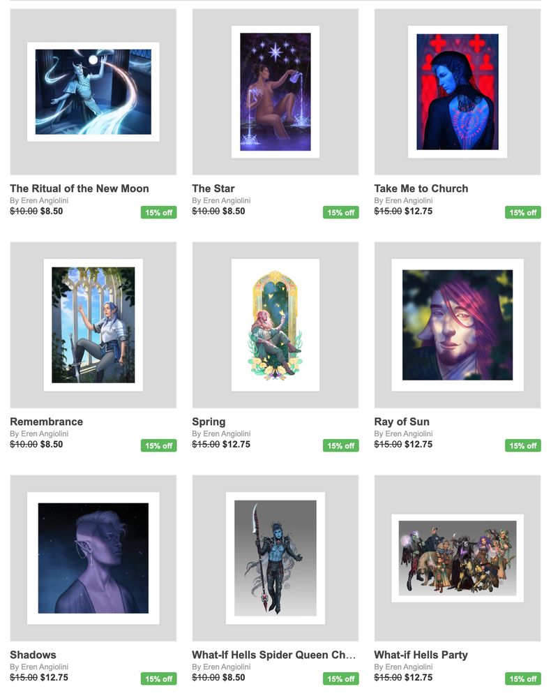 Preview of Eren's print shop page, showcasing their prints at a 15% discount.