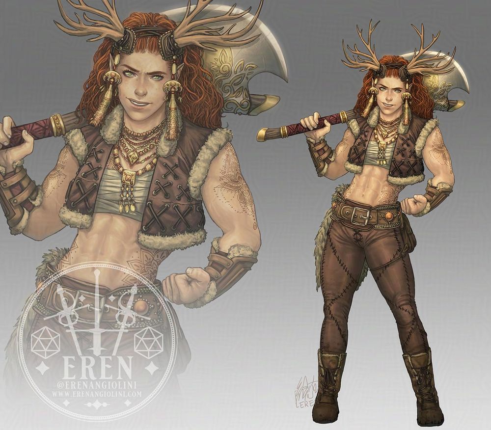 Re-design of Keyleth from Critical Role's Vox Machina campaign, as a Barbarian. He's wearing leathers, furs and wraps, her antler headpiece is decorated with beads and ornaments. She is leaning a huge axe with gold detailing on her shoulder, and her muscular arms and sculpted abs show intricate flower-themed tattoos.